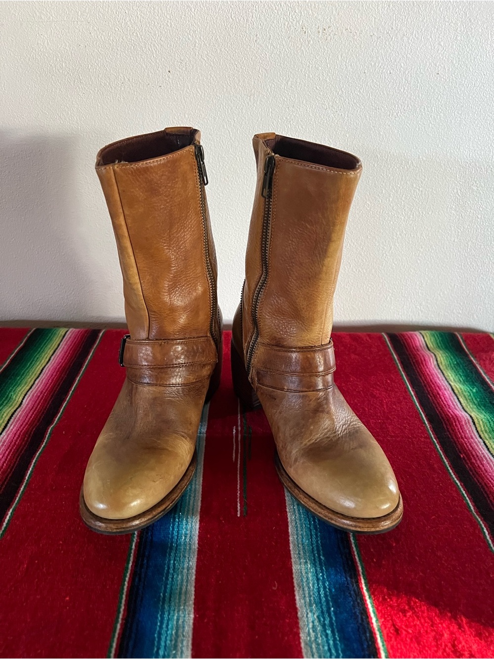 Patricia Nash Tan Leather Mid-Calf Zip Combat Boots
